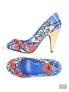 Rocket Dog Court Shoes Peep Toe Multi Colored Geometric Size 7 Red Blue White